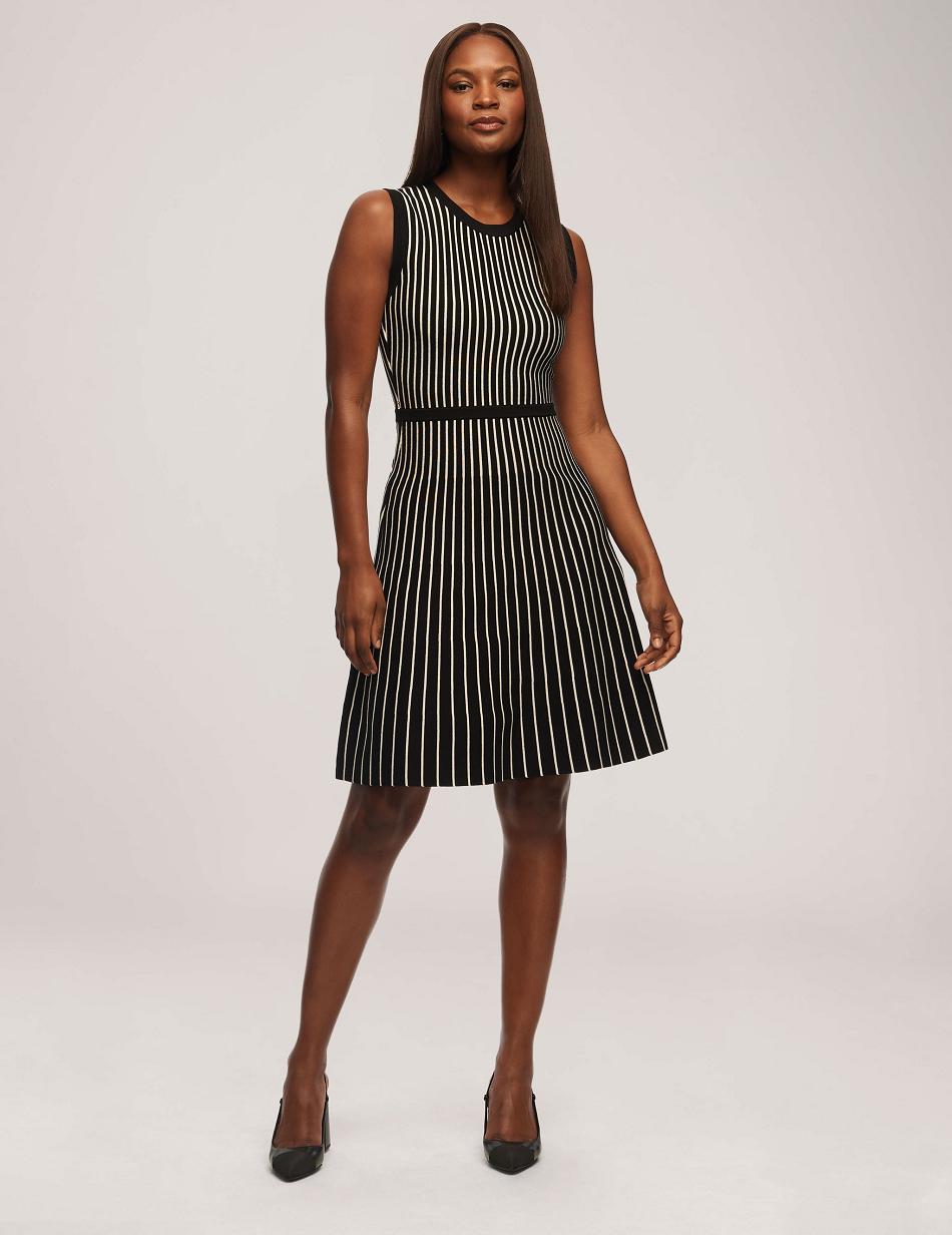 Anne Klein Vertical Stripe Fit And Flare Dress Stripes / Black / White | QSGWA48634