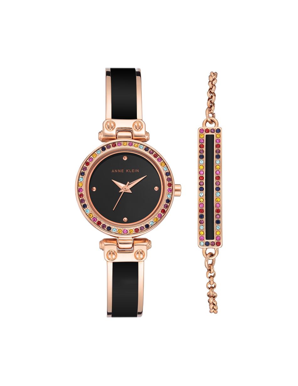 Anne Klein Watch and Bracelet with Premium Multicolored Crystals Sets Rose / Gold / Black | SGJZR86367